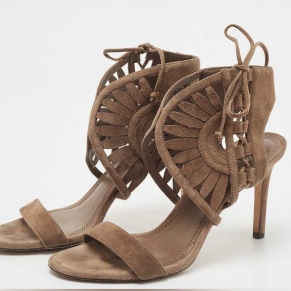 Tory Burch Leyla Suede Heel Side tie laser cutout Nude Tan BeigeSize 8 NEW